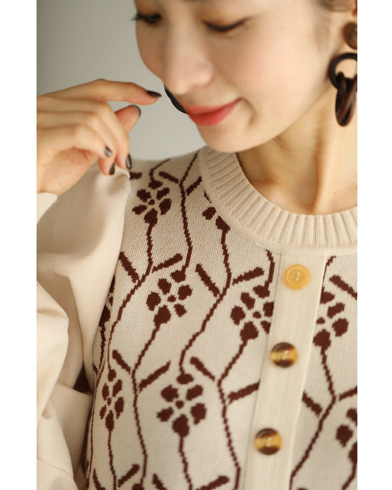 (S~L対応)可愛い花柄ニットのパフスリーブミディアムワンピース