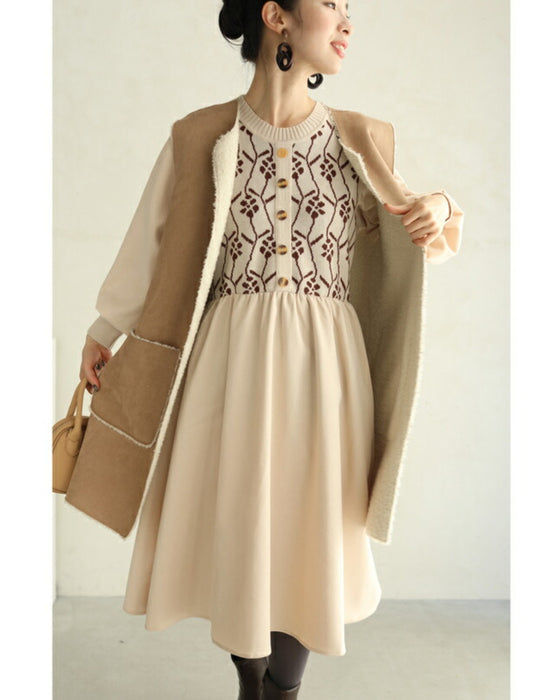 (S~L対応)可愛い花柄ニットのパフスリーブミディアムワンピース