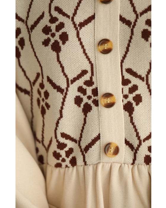 (S~L対応)可愛い花柄ニットのパフスリーブミディアムワンピース