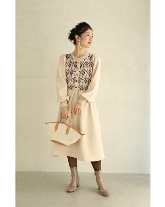 (S~L対応)可愛い花柄ニットのパフスリーブミディアムワンピース