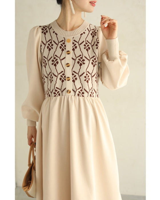 (S~L対応)可愛い花柄ニットのパフスリーブミディアムワンピース