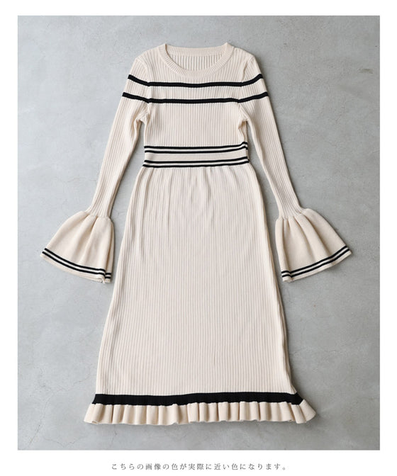 ヒラヒラ可愛いフレア袖のニットミディアムワンピース