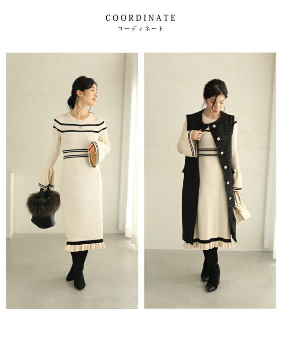 ヒラヒラ可愛いフレア袖のニットミディアムワンピース