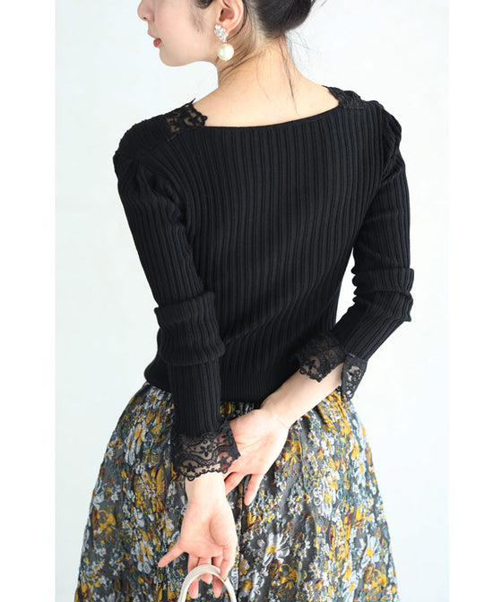 【セール商品返品交換不可】（S~M対応）（黒）デコルテに美しく透けるレースベールニットカットソートップス