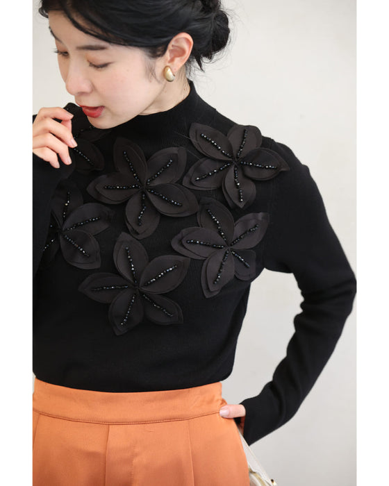 (Black) Sparkling black floral knit top with bejeweled lines