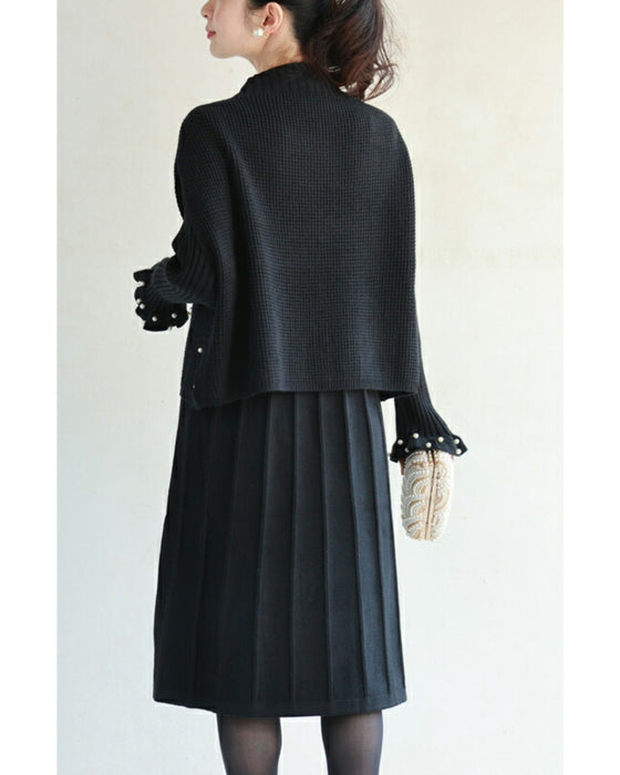 パールを散りばめた手元フリルの2点セットワンピース