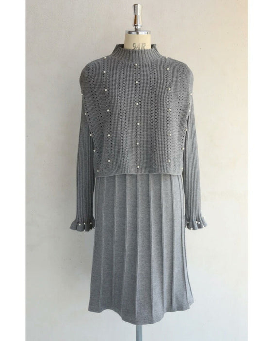 パールを散りばめた手元フリルの2点セットワンピース