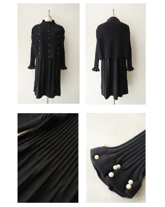 パールを散りばめた手元フリルの2点セットワンピース