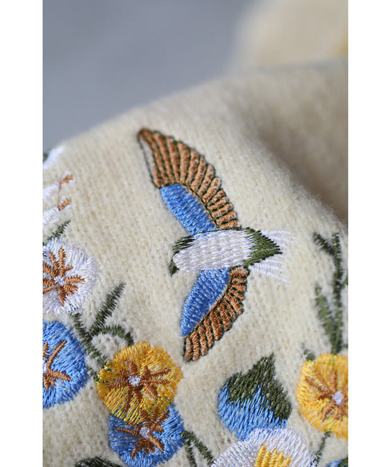 【セール商品返品交換不可】優美な鳥と花刺繍のもっちりニットプルオーバートップス