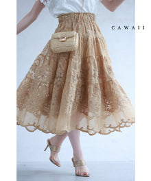  ロマンティックな花刺繍ベールティアードミディアムスカート