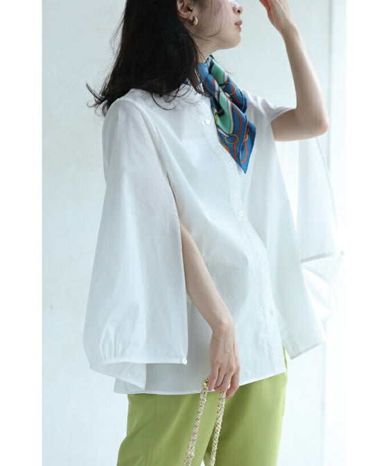 華奢見せ袖スリットシャツブラウス