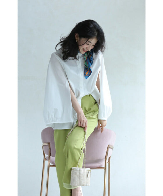 華奢見せ袖スリットシャツブラウス