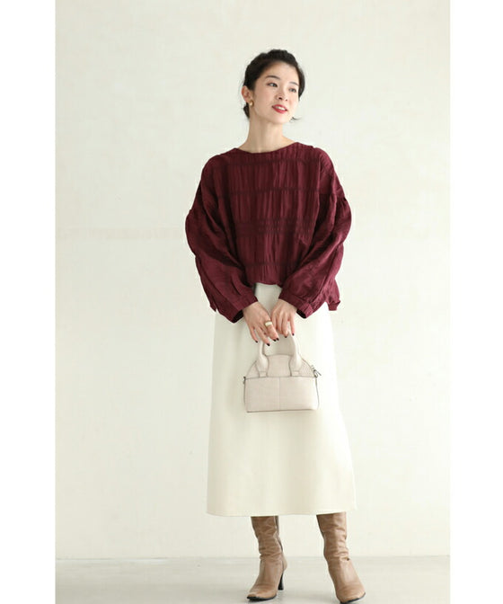 Gathered pullover top with back button