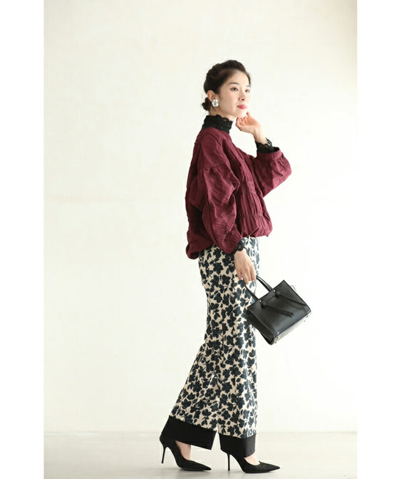 Gathered pullover top with back button