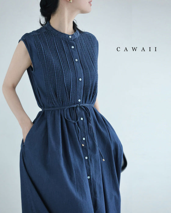 さらり快適なピンタック切り替えミディアムワンピース(紐リボン付き)