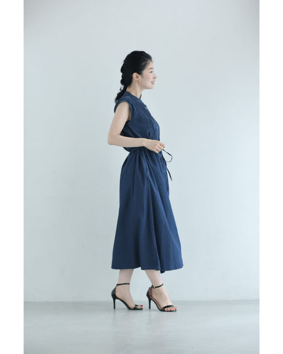 さらり快適なピンタック切り替えミディアムワンピース(紐リボン付き)