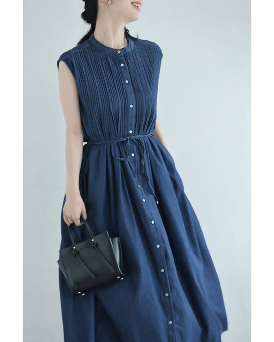 さらり快適なピンタック切り替えミディアムワンピース(紐リボン付き)
