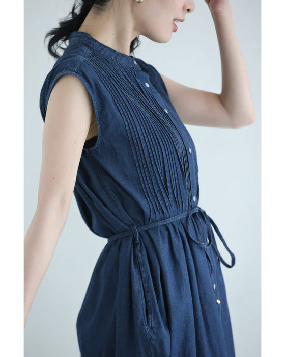 さらり快適なピンタック切り替えミディアムワンピース(紐リボン付き)