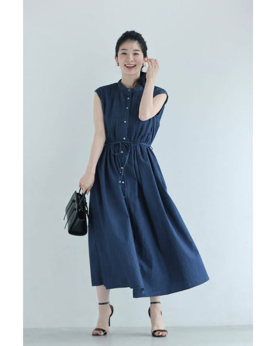 さらり快適なピンタック切り替えミディアムワンピース(紐リボン付き)