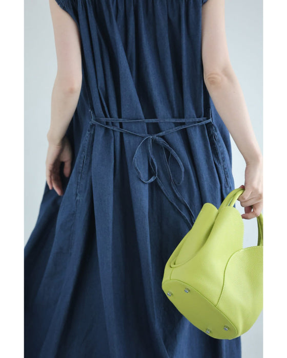 さらり快適なピンタック切り替えミディアムワンピース(紐リボン付き)