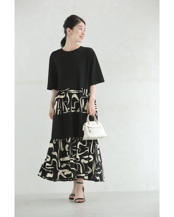 リラクシーな重なるアート柄ロングワンピース