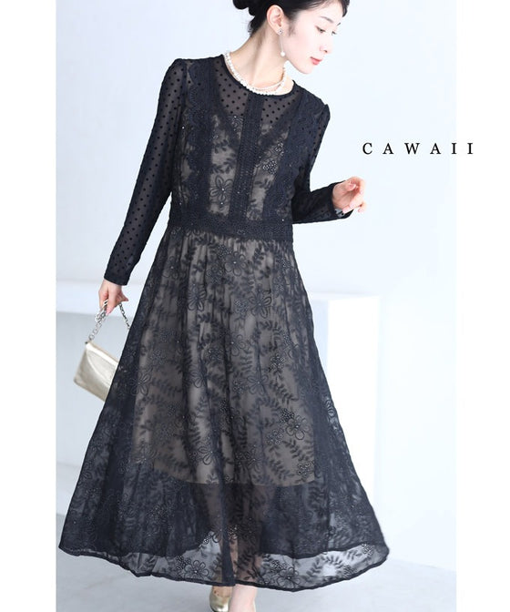 【アウトレット返品交換不可】軽やかなドットと花のシアーベールミディアムワンピース