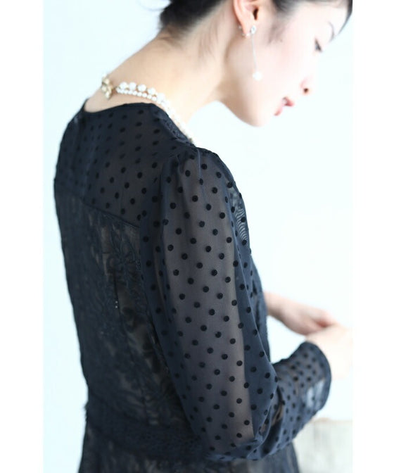 【アウトレット返品交換不可】軽やかなドットと花のシアーベールミディアムワンピース