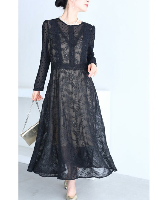 【アウトレット返品交換不可】軽やかなドットと花のシアーベールミディアムワンピース