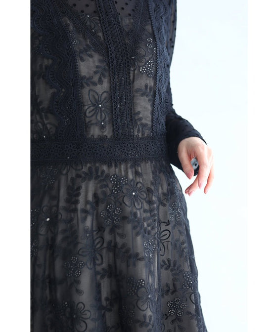 【アウトレット返品交換不可】軽やかなドットと花のシアーベールミディアムワンピース