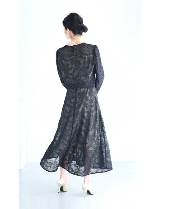 【アウトレット返品交換不可】軽やかなドットと花のシアーベールミディアムワンピース