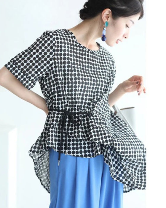 Asymmetrical blouse top with interlocking irregular dots