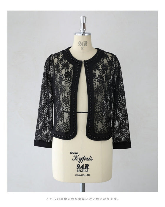 【アウトレット返品交換不可】パールビジューで縁取る涼しい黒花レースジャケット