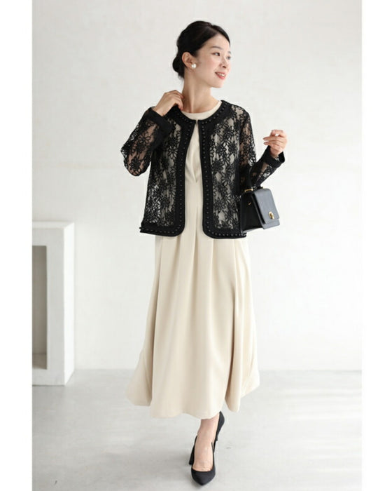 【アウトレット返品交換不可】パールビジューで縁取る涼しい黒花レースジャケット