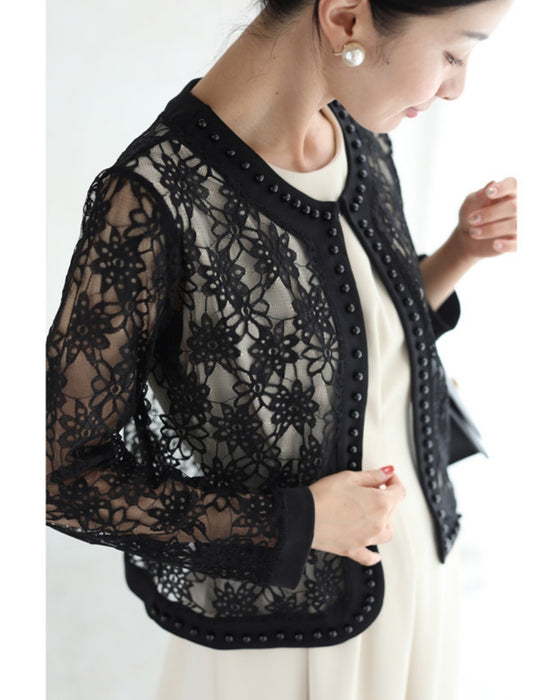 【アウトレット返品交換不可】パールビジューで縁取る涼しい黒花レースジャケット