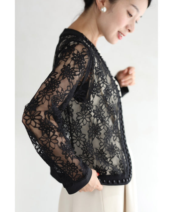 【アウトレット返品交換不可】パールビジューで縁取る涼しい黒花レースジャケット