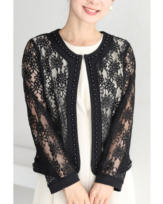 【アウトレット返品交換不可】パールビジューで縁取る涼しい黒花レースジャケット