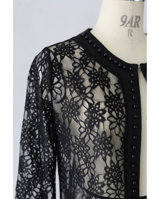 【アウトレット返品交換不可】パールビジューで縁取る涼しい黒花レースジャケット