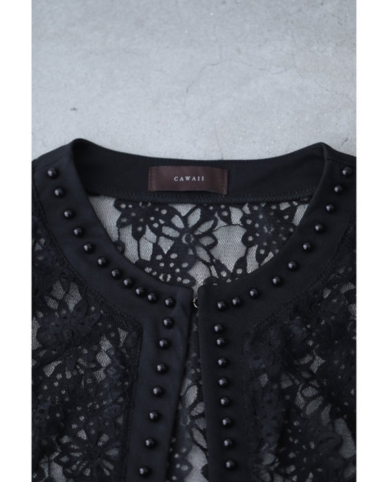 【アウトレット返品交換不可】パールビジューで縁取る涼しい黒花レースジャケット