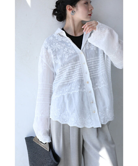 [Outlet products cannot be returned or exchanged] Gauze shirt with mesmerizing embroidery from any angle