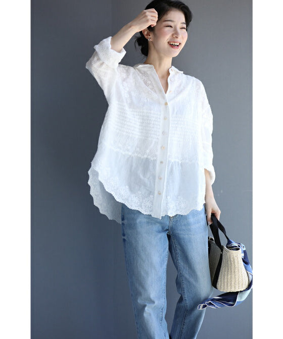 [Outlet products cannot be returned or exchanged] Gauze shirt with mesmerizing embroidery from any angle