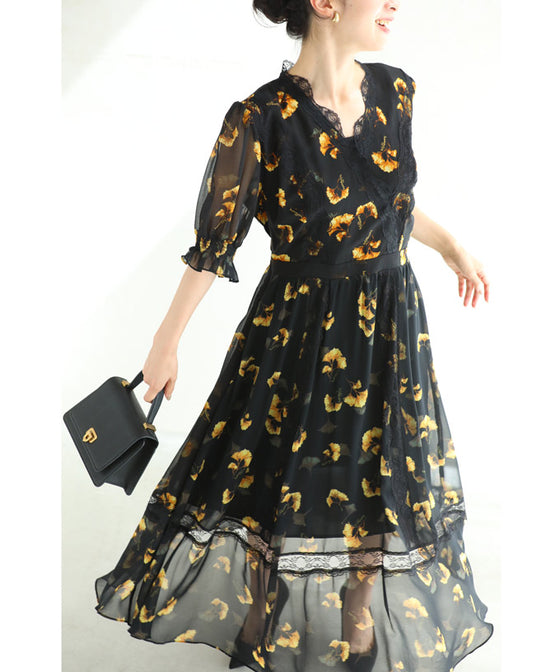 花舞うレースデコレーションのベールミディアムワンピース