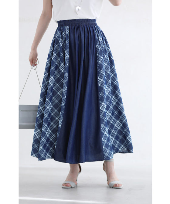 Check pattern denim long skirt