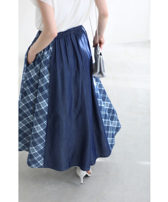 Check pattern denim long skirt