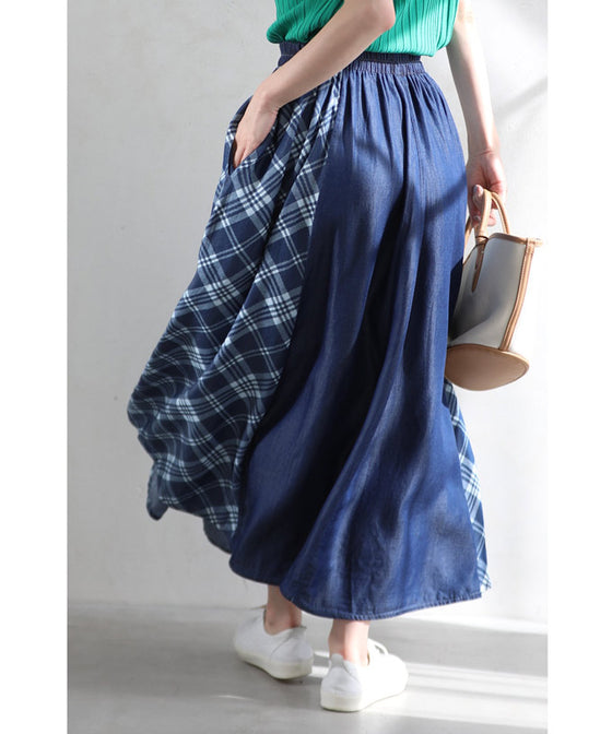 Check pattern denim long skirt