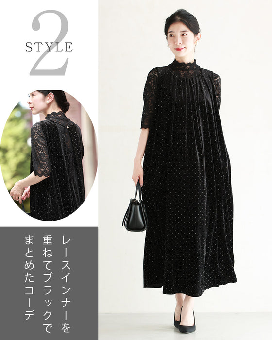 夜空に瞬く星のようなキラキラストーンのベロア調ロングワンピース