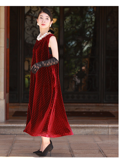 夜空に瞬く星のようなキラキラストーンのベロア調ロングワンピース