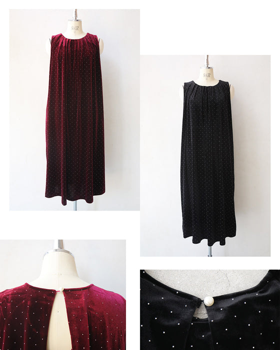 夜空に瞬く星のようなキラキラストーンのベロア調ロングワンピース