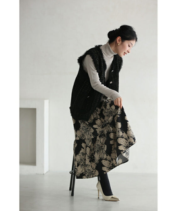 アーティスティックな花のティアードミディアムスカート