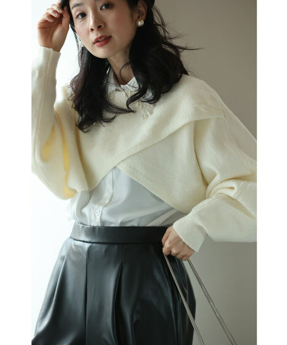 スタイルアップな短丈。重ね着用ポワン袖ニットプルオーバートップス