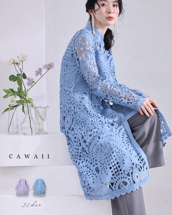 (リボンベルト付き)切り絵レースのミディアムワンピース